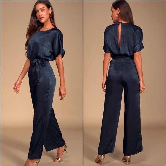 Lulus Pants - Lulu’s Navy Wide Leg Satin Short Sleeve Jumpsuit